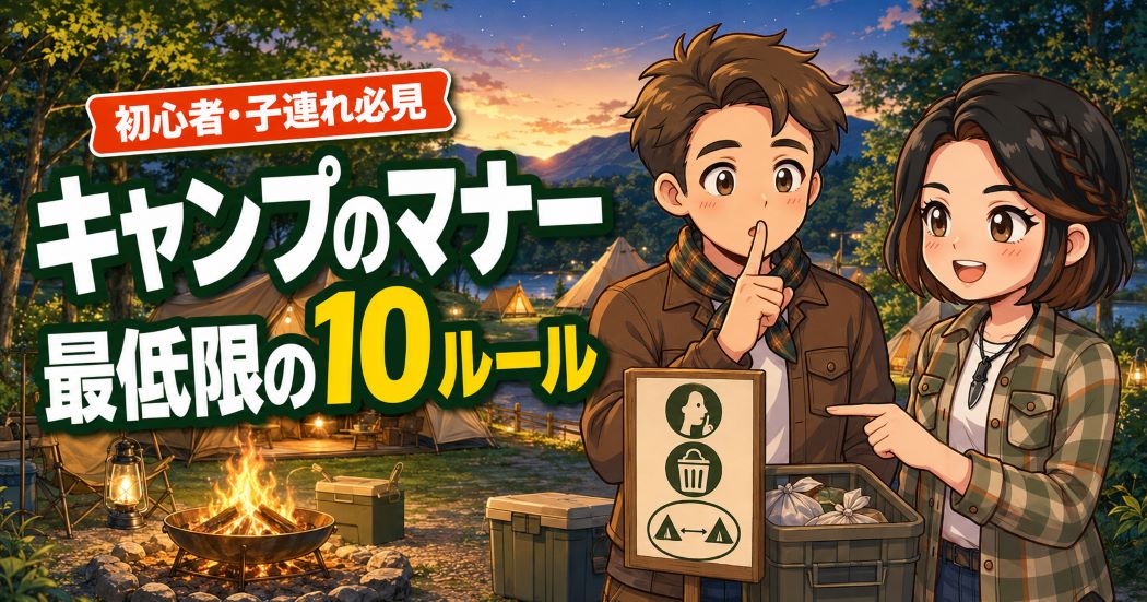 キャンプ初心者と子連れ家族が守りたい10の基本マナーを紹介するアイキャッチ画像