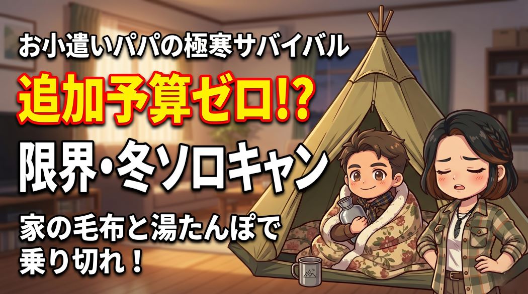 リビングルームに設置されたティピーテントの中で、大きな花柄の布団に包まれ、2つの銀色の湯たんぽを持った笑顔の男性と、その隣で呆れた表情で立つ女性が描かれたアニメ調のイラスト。画像左側には大きな日本語テキストで「お小遣いパパの極寒サバイバル 追加予算ゼロ⁉ 限界・冬ソロキャン 家の毛布と湯たんぽで乗り切れ！」と書かれている。テントの前には「MOUNTAIN」ロゴ入りのマグカップが置かれている。