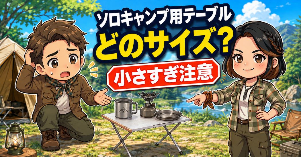 ソロキャンプ用テーブルのサイズに悩む、焚き火テーブルを囲んだわいずパパとあずママ
