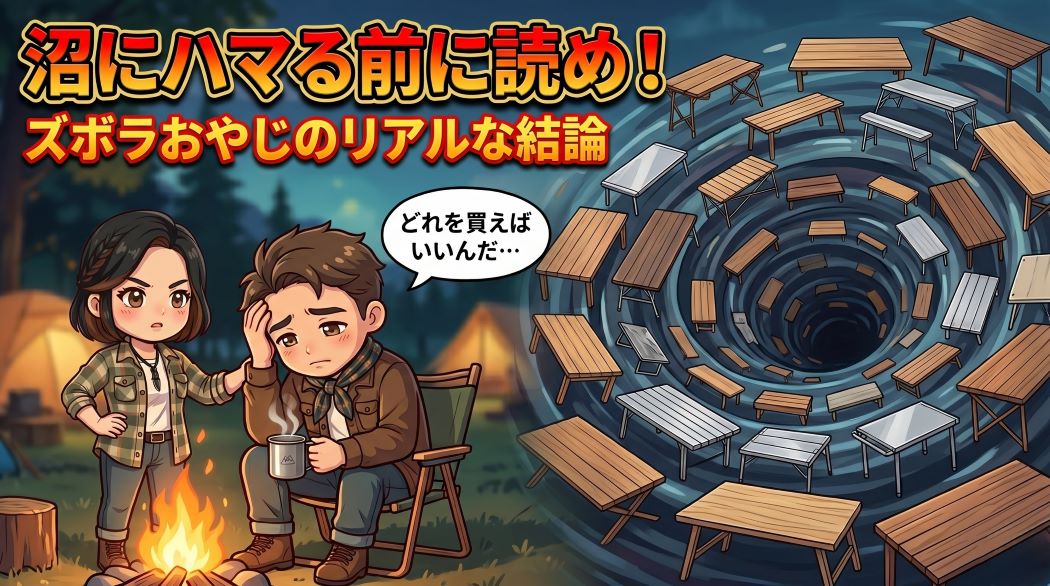 「沼にハマる前に読め！」というメインコピーが入った、ブログのアイキャッチ画像です。 焚き火の前でコーヒーを片手に「どれを買えばいいんだ…」と頭を抱えて悩む、デフォルメされたアニメスタイルの男性キャンパーと、その横で彼を心配そうに見つめる女性キャンパーが描かれている。