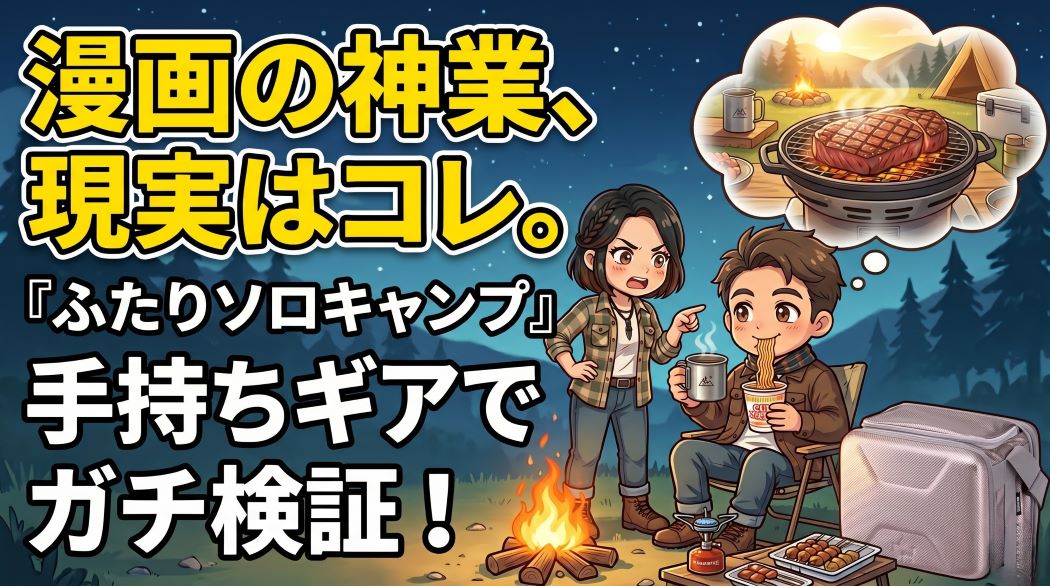 「漫画の神業、現実はコレ。『ふたりソロキャンプ』手持ちギアでガチ検証！」というテキストとともに、夜のキャンプでカップ麺を食べる男性と、理想の豪華なステーキシーンを思い浮かべる姿が描かれたイラスト。