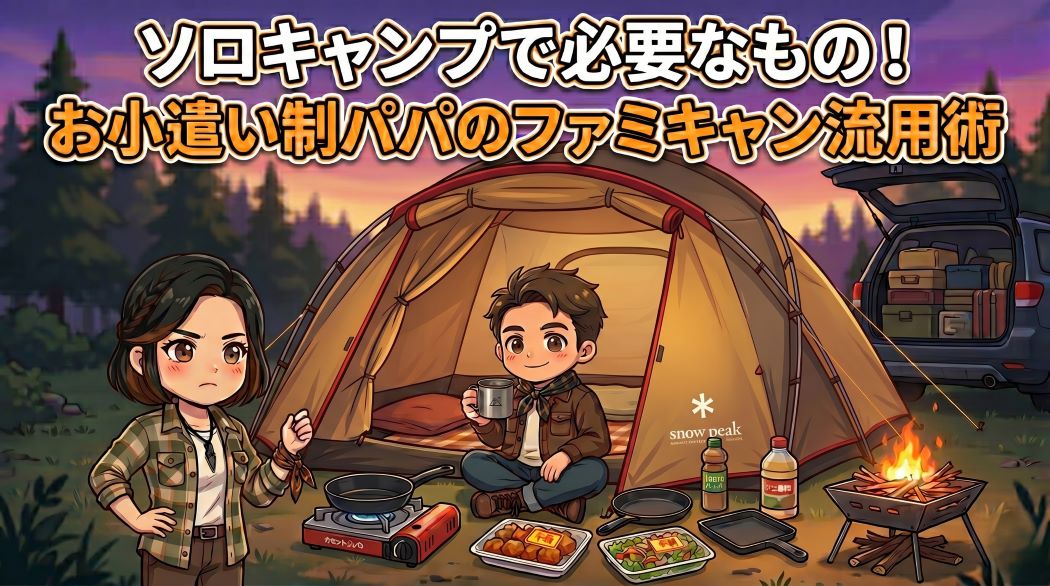 『費用0円！お小遣い制パパの最強ズボラソロキャンプ』と題されたブログ記事のアイキャッチ画像。夕暮れのキャンプ場で、巨大なアメニティドームテントの前。呆れた顔で腰に手を当てるあずママ（左）と、笑顔でコーヒーを飲みながら家の道具（家庭用コンロ、フライパン、100均道具、半額惣菜）を流用するわいずパパ（右）を描いたコミカルなイラスト。あずママの吹き出しに「え？ Amazonの5万円セットは？」、わいずパパの心の声の吹き出しに「いや、家の道具で十分だわ」とある。下部に大きなタイトル文字。