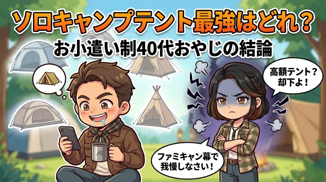 「ソロキャンプテント最強はどれ？ お小遣い制40代おやじの結論」という記事のアイキャッチ画像。高級テントを妄想して喜ぶ夫と、それを冷ややかに見つめる妻。