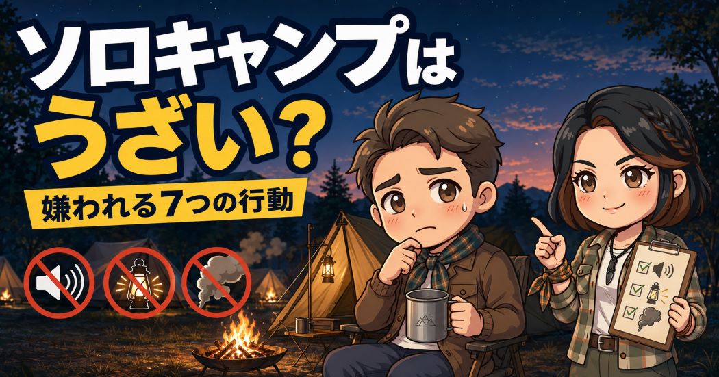 ソロキャンプで嫌われる音・ランタンの光・焚き火の煙について、わいずパパとあずママが確認するイラスト