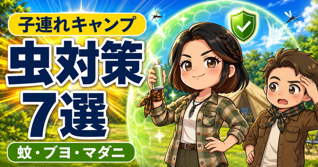 虫よけスプレーを得意げに構えるあずママと、蚊に困るわいずパパを描いた子連れキャンプの虫対策7選