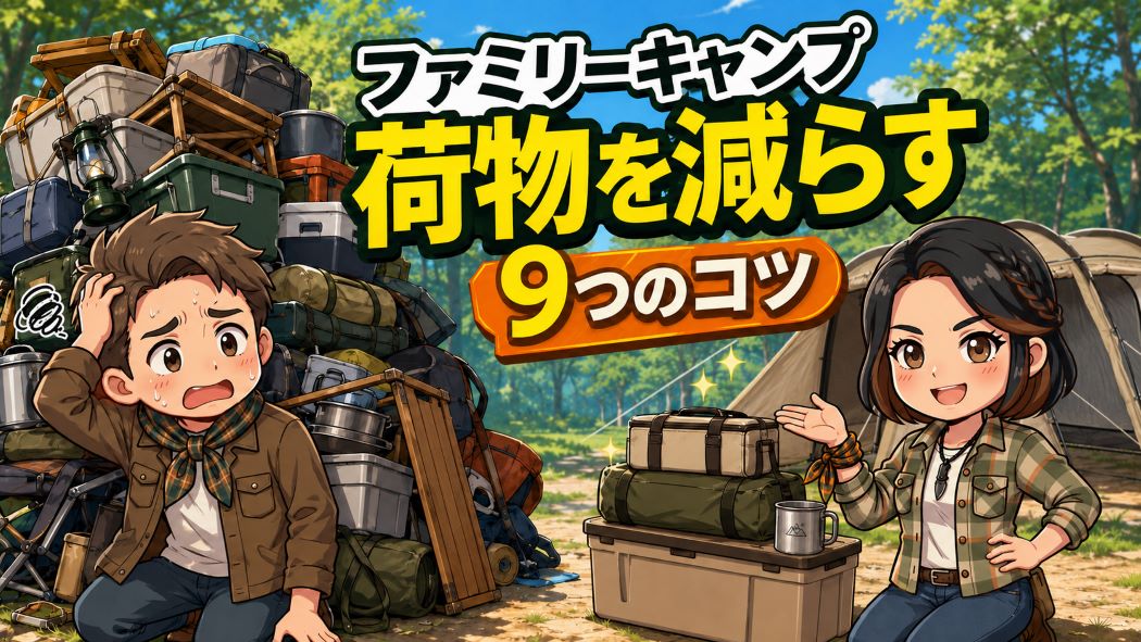 荷物を減らして身軽に楽しむファミリーキャンプと、サバティカルのアルニカで過ごす家族のイラスト