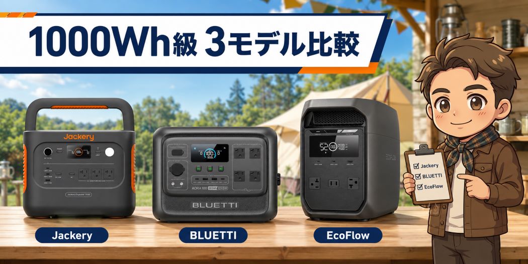 JackeryとBLUETTIとEcoFlowの1000Wh級ポータブル電源3モデル比較