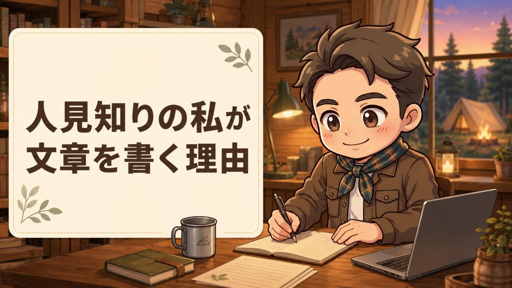 キャンプ場でノートパソコンとノートを使って文章を書くわいずパパ
