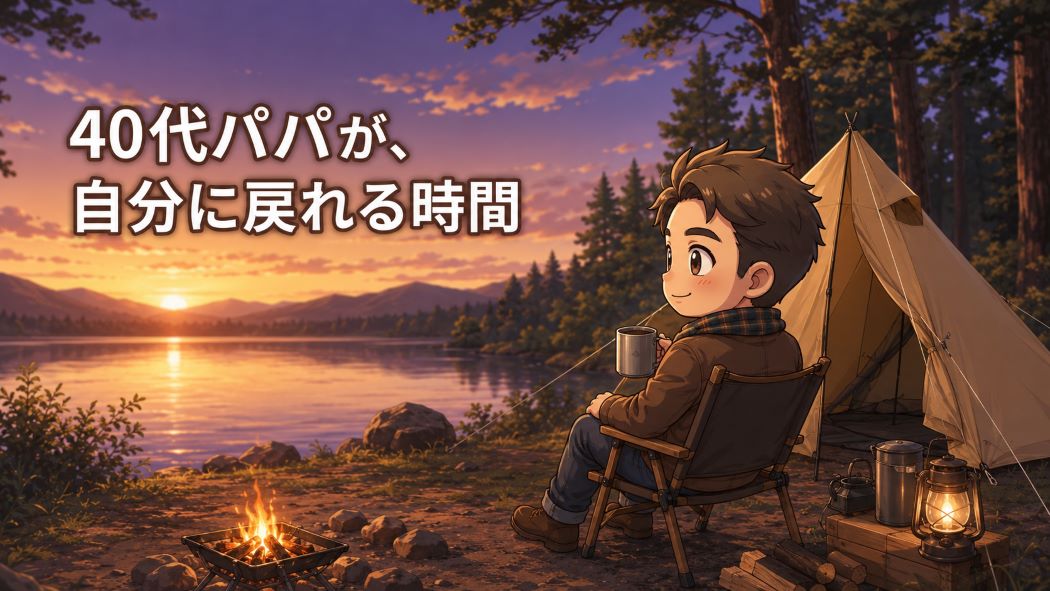 湖畔の夕暮れで焚き火とコーヒーを楽しみ自分の時間を過ごす40代パパ