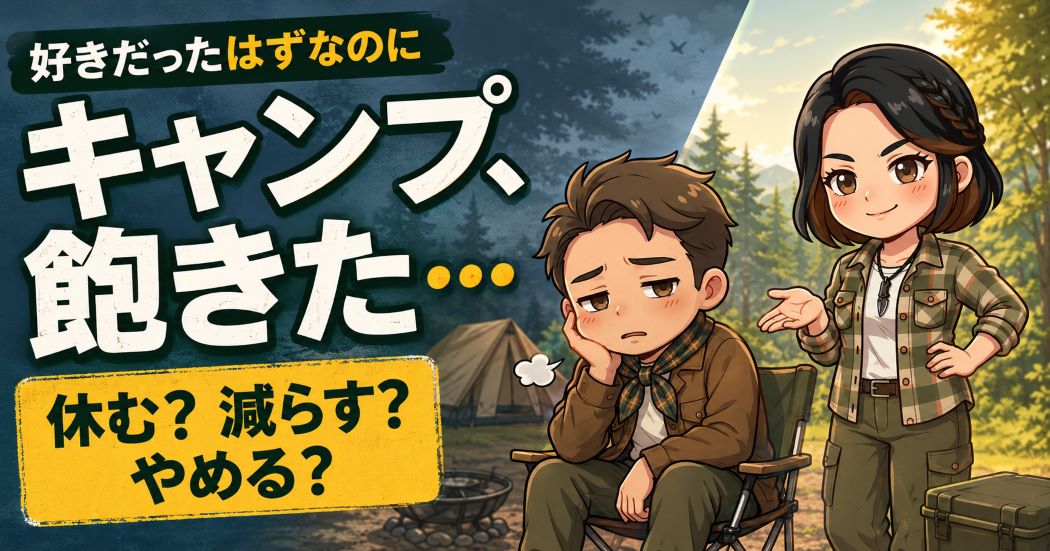 キャンプに飽きて疲れた表情のわいずパパと、休む・減らす・やめる選択肢を示すあずママ