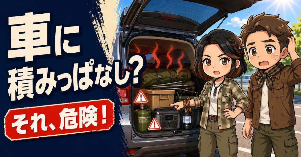 キャンプ道具を積みっぱなしにした車を見て、ガス缶とポータブル電源の危険性を指摘するあずママと焦るわいずパパ