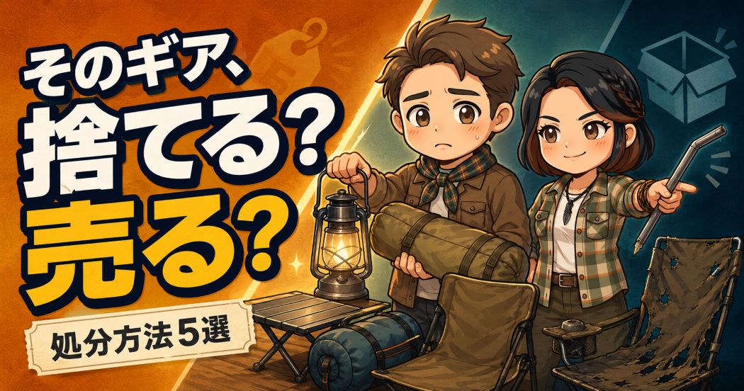 キャンプ用品を売るか捨てるか迷うわいずパパと、壊れたチェアを示すあずママ