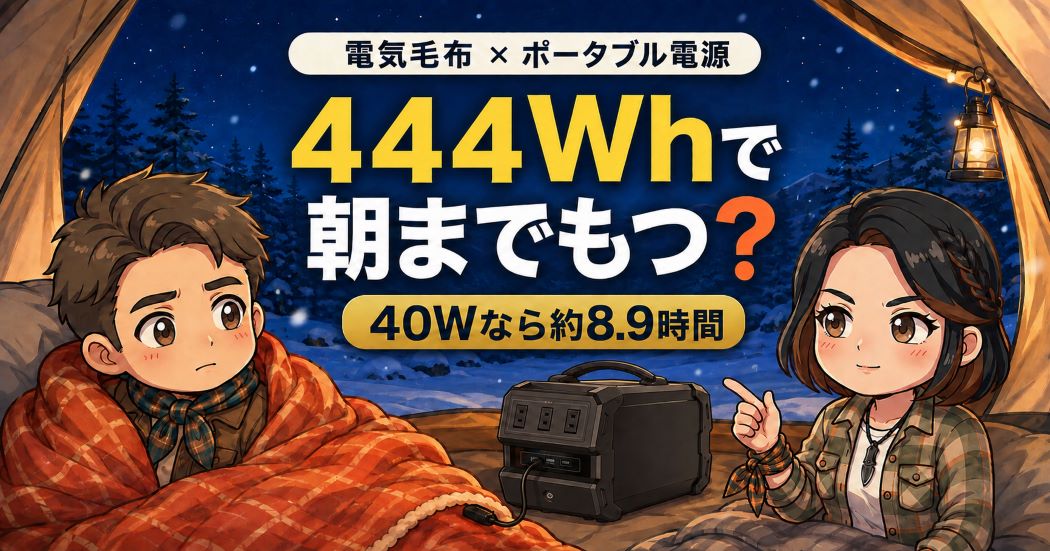 冬キャンプでLACITA ENERBOX01と電気毛布を使い、444Whで朝までもつか考える夫婦のイラスト