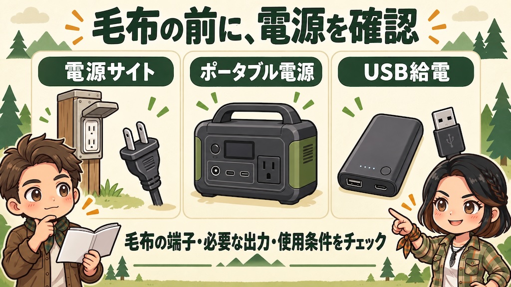 電源サイト、ポータブル電源、USB給電の違いを示す図