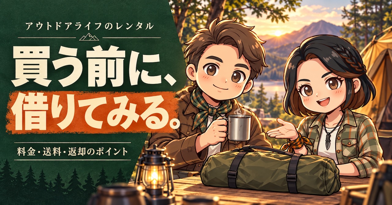 「買う前に、借りてみる。」の文字と、レンタルするキャンプ道具を前に話すわいずパパとあずママ