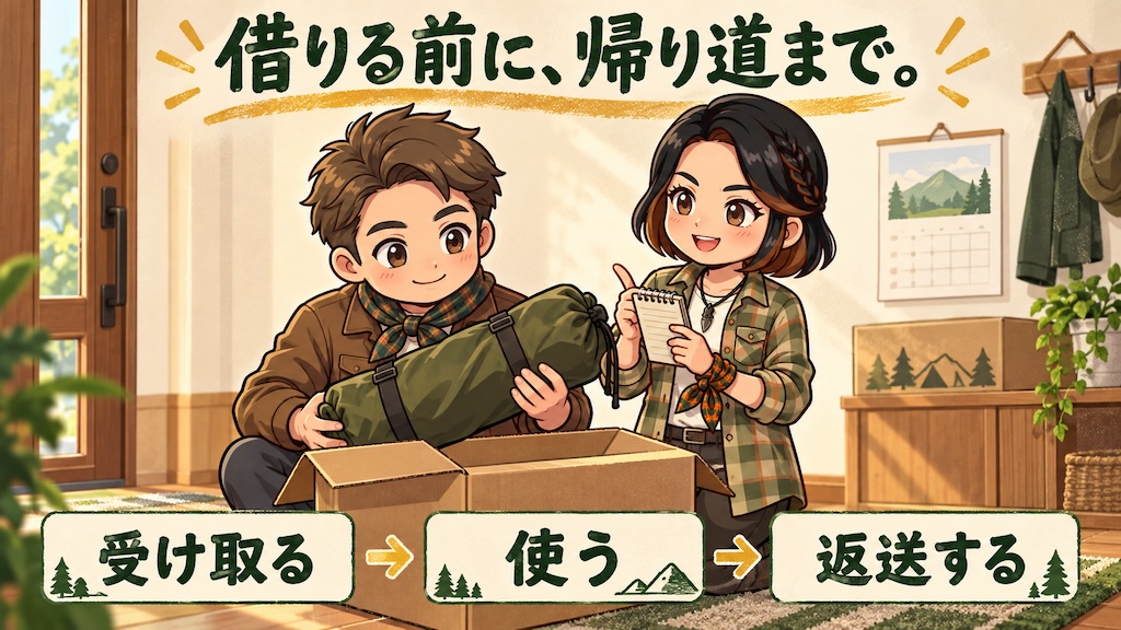 テントの収納袋を確認するわいずパパと、受け取り・使用・返送の流れを案内するあずママ