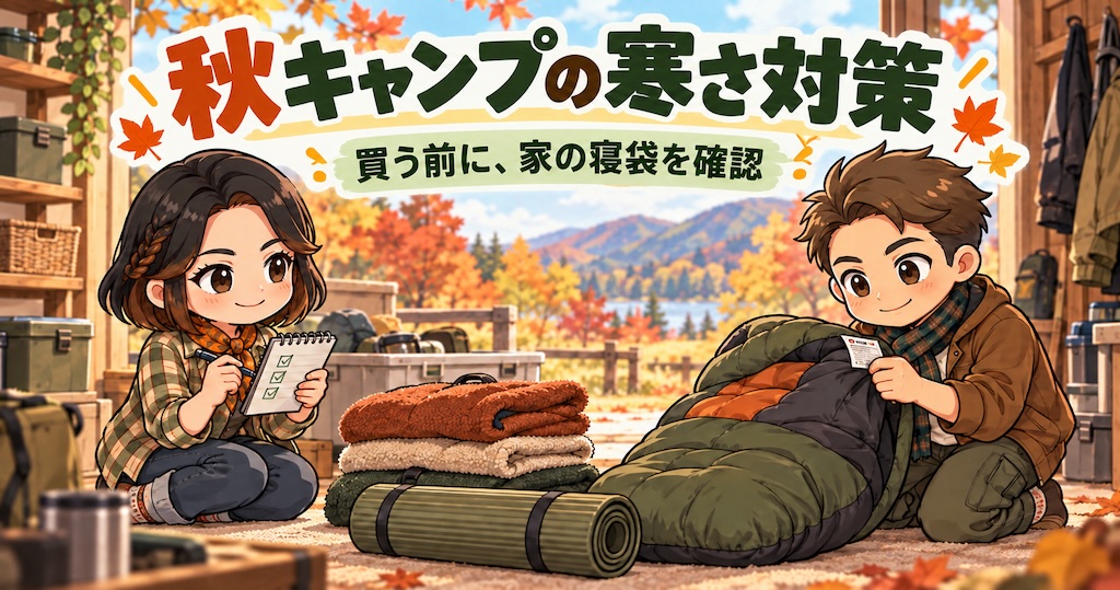 寝袋のタグを確認するわいずパパと、持ち物をチェックするあずママ