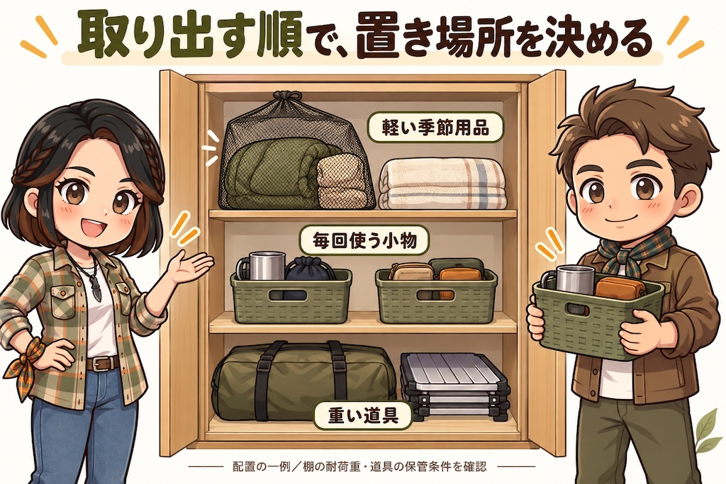 軽い季節用品を上、毎回使う小物を中段、重い道具を下へ置くキャンプ用品の収納例
