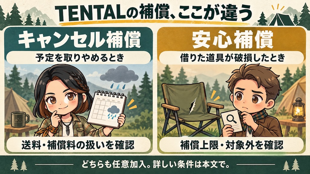 予定を取りやめるときのキャンセル補償と、借りた道具が破損したときの安心補償の違いを示す比較図