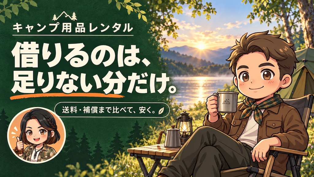 「借りるのは、足りない分だけ。」の見出しと、湖畔でコーヒーを楽しむわいずパパ、あずママのイラスト