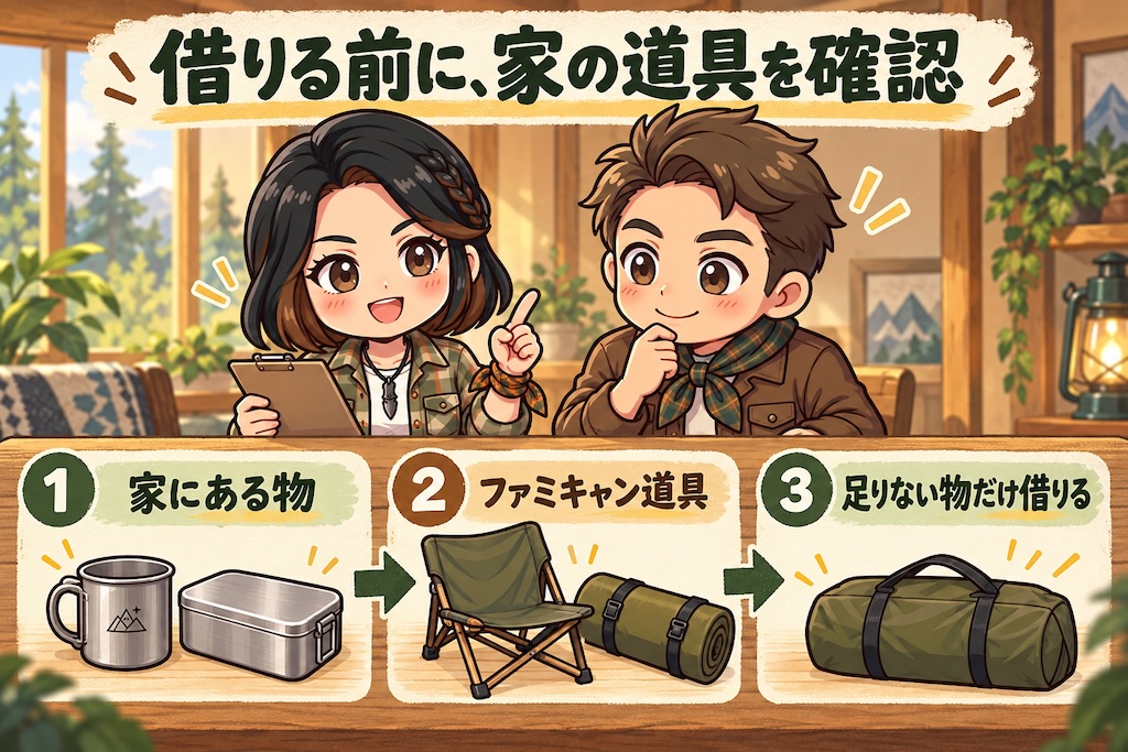 家にある物、ファミキャン道具の順に確認し、足りない物だけレンタルする流れ