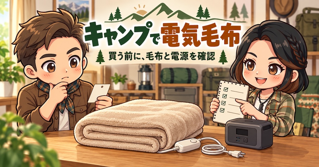 電気毛布と電源を前に、準備する物を確認するわいずパパとあずママ