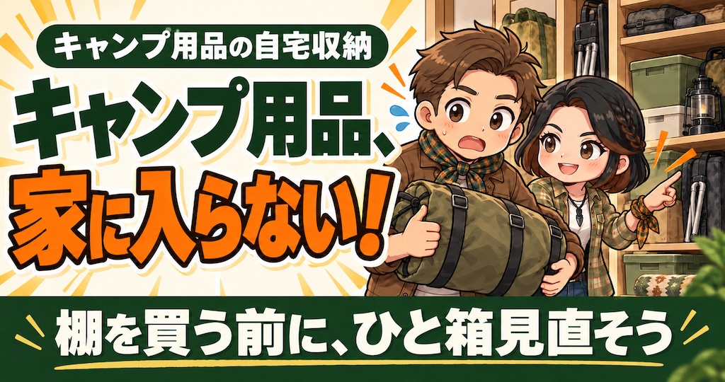 キャンプ用品の収納に困るわいずパパと、棚を買う前の見直しを提案するあずママ。
