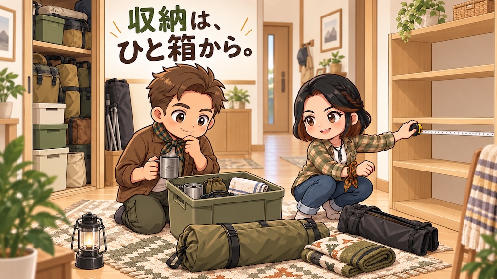 ひと箱のキャンプ用品を見直すわいずパパと、棚の寸法を測るあずママ