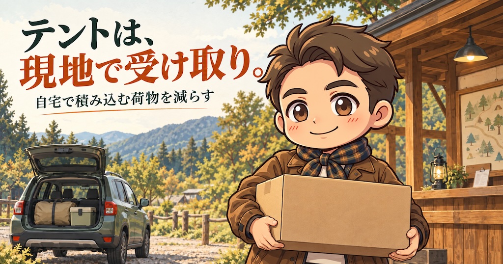 キャンプ場の受付でレンタル用品の箱を受け取るわいずパパのイメージ