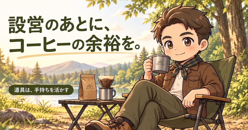 キャンプチェアに座り、手持ちの道具でコーヒーを楽しむわいずパパのイラスト