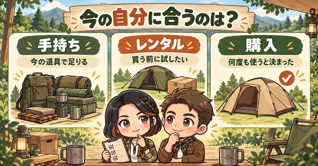手持ちで足りるか、買う前に試したいか、何度も使うかでキャンプ道具の選び方を整理した図