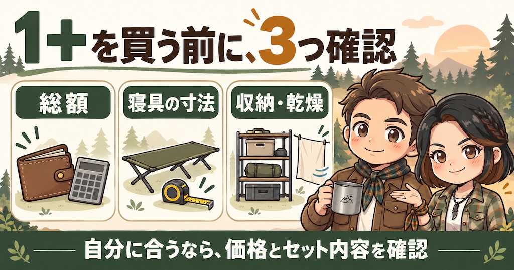 ソロティピー1＋の購入前に確認したい、総額・寝具の寸法・収納と乾燥をまとめた図
