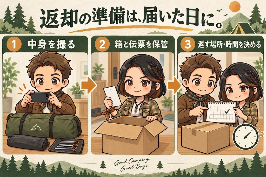 レンタル品が届いた日に行う、中身の撮影、箱と伝票の保管、返却場所と時間の確認
