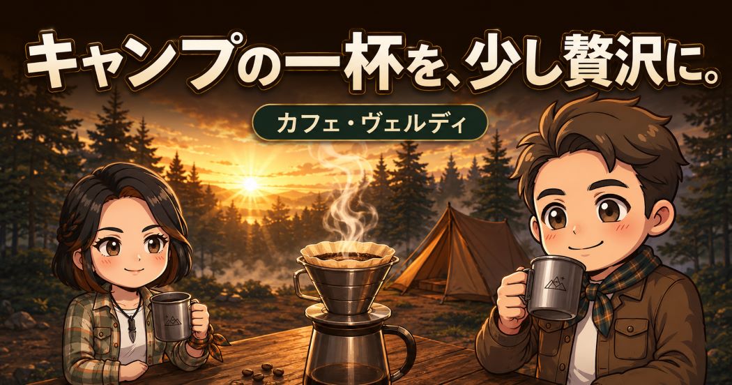 朝焼けのキャンプ場で、わいずパパとあずママがカフェ・ヴェルディのコーヒーを楽しむ様子
