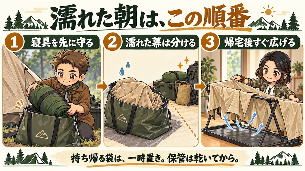 寝具を先に守り、濡れた幕を分けて運び、帰宅後に広げる手順