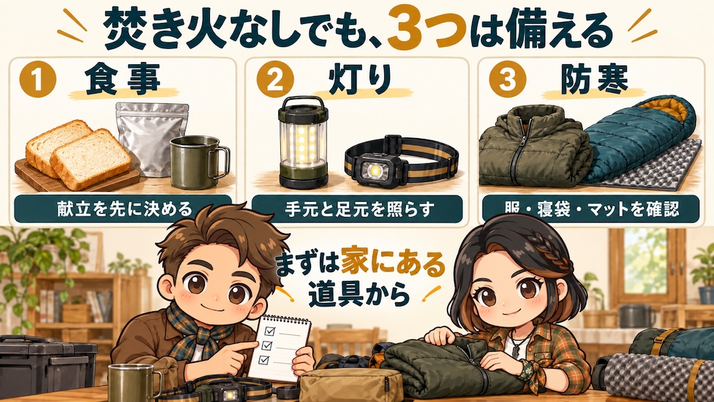 わいずパパとあずママが自宅で持ち物を確認し、食事・灯り・防寒の3つの備えを整理する図。